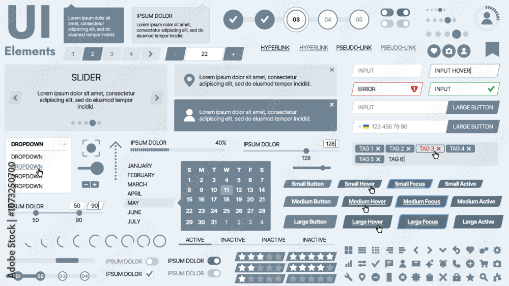 Modern UI kit featuring a collection of essential buttons, icons, and navigation elements for websites and mobile apps. Ideal for responsive design and dashboards. Modern UI kit featuring a collection of essential buttons, icons, and navigation elements for websites and mobile apps. Ideal for responsive design and dashboards.