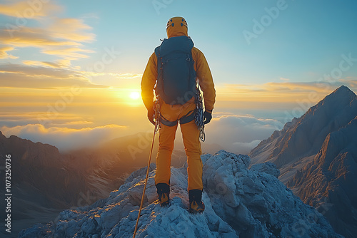 A person climbing a mountain peak at sunrise, symbolizing motivation, achievement, and reaching goals, set against a beautiful natural landscape, inspiring determination and perseverance.
