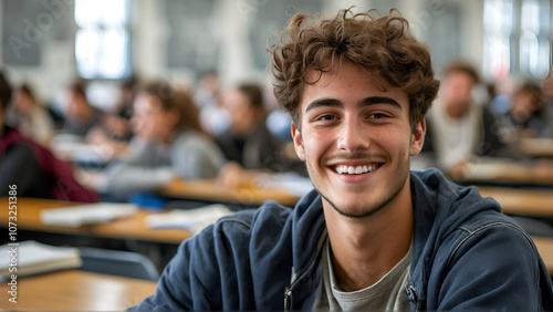 Smiling male student sitting in university classroom