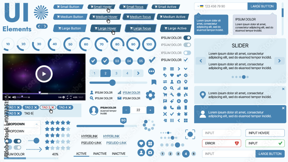 Modern UI kit featuring a collection of essential buttons, icons, and navigation elements for websites and mobile apps. Ideal for responsive design and dashboards.
