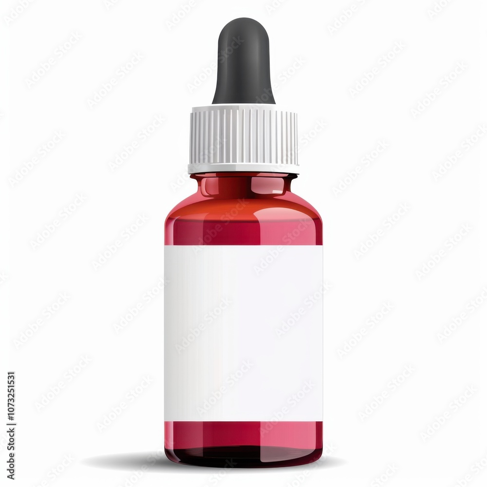 A small dropper bottle filled with a red liquid, featuring a white label for customization or branding. A small dropper bottle filled with a red liquid, featuring a white label for customization or branding.