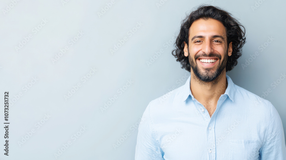 Joyful professional man with medium length hair wearing a blue shirt Joyful professional man with medium length hair wearing a blue shirt