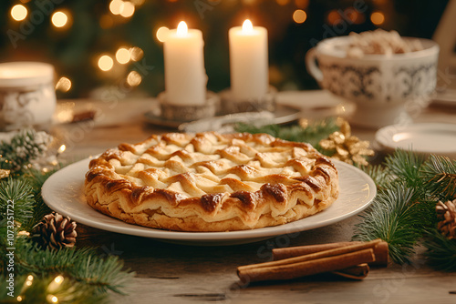 Delicious apple pie on white plate surrounded by festive decorations and warm candles in cozy setting copy space.