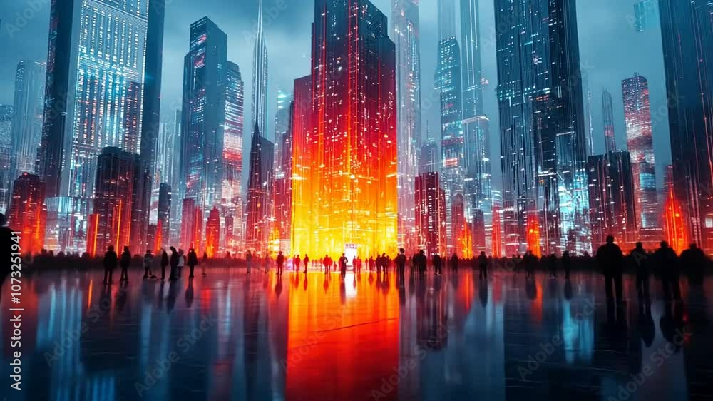 Silhouettes of People Standing in a Futuristic City with Bright Lights Silhouettes of People Standing in a Futuristic City with Bright Lights
