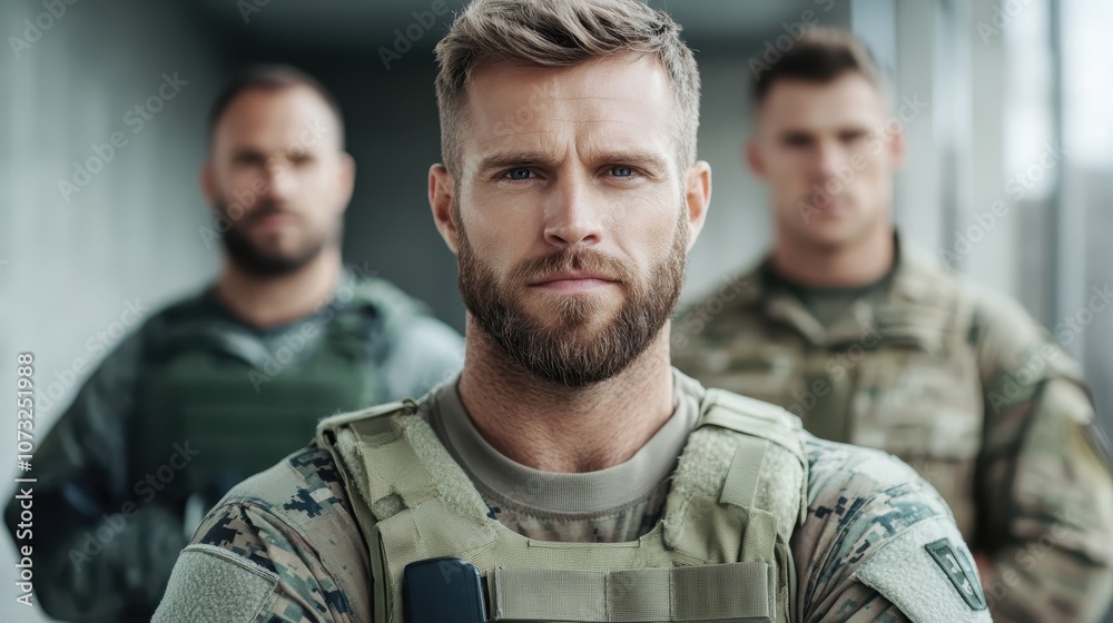 Fototapeta premium A group of three soldiers in tactical gear pose seriously, showcasing a sense of determination and camaraderie, ready for their next mission in a modern environment.
