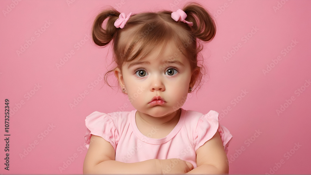 Sweet but Sulking - Upset Baby Girl with Adorable Pout and Crossed Arms Against Bubblegum Pink Backdrop Sweet but Sulking - Upset Baby Girl with Adorable Pout and Crossed Arms Against Bubblegum Pink Backdrop