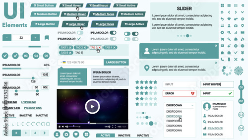 Modern UI kit featuring a collection of essential buttons, icons, and navigation elements for websites and mobile apps. Ideal for responsive design and dashboards.