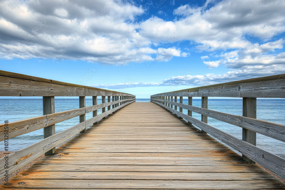 Wooden pier stretches into the endless blue ocean under a wide-open sky with fluffy clouds, evoking a sense of calm and adventure. Wooden pier stretches into the endless blue ocean under a wide-open sky with fluffy clouds, evoking a sense of calm and adventure.