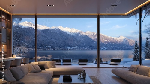 Modern Living Room with Mountain and Lake View