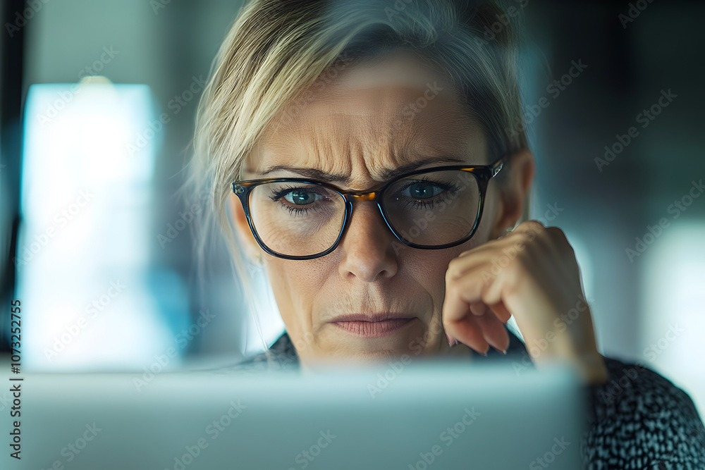 Mature woman, laptop and stress in office, 404 error and manager with glasses for eyesight difficulty. Female person, taxes mistake and website glitch at accounting firm, frustrated and finance fail Mature woman, laptop and stress in office, 404 error and manager with glasses for eyesight difficulty. Female person, taxes mistake and website glitch at accounting firm, frustrated and finance fail