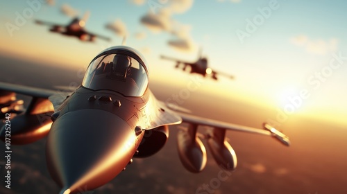 Three fighter jets soar through the sky in a tight formation under an early sunset's golden glow, illustrating precision, teamwork, and military aviation prowess.