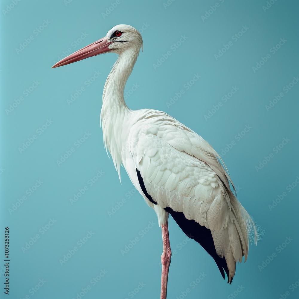 Fototapeta premium Elegant portrait of a stork in a professional studio setting, highlighting its striking features and graceful posture against a simple background.