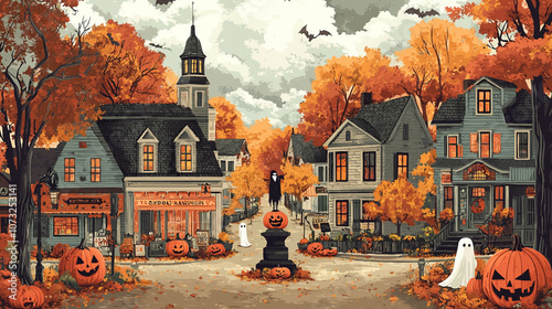 Illustration of a halloween town in retro art style. ıt is an imaginary town of ghosts walking and shopping around. there can be a statue of a pumpkin in the middle of the town square.