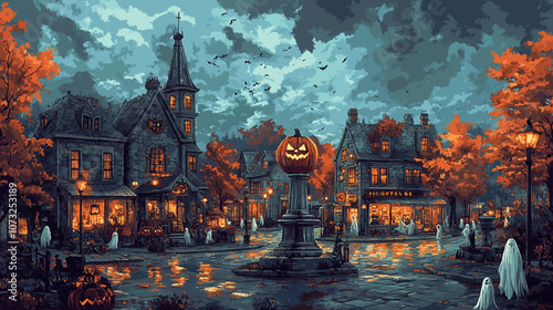 Illustration of a halloween town in retro art style. ıt is an imaginary town of ghosts walking and shopping around. there can be a statue of a pumpkin in the middle of the town square.