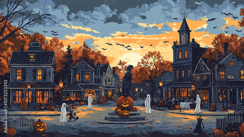 Illustration of a halloween town in retro art style. ıt is an imaginary town of ghosts walking and shopping around. there can be a statue of a pumpkin in the middle of the town square.