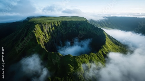 A breathtaking shot of a volcanic crater surrounded by clouds, showcasing nature’s raw power and beauty, emphasizing the dramatic, untouched wilderness scenery. photo