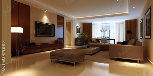 Modern Living Room Design: Elegant and sophisticated living space with warm lighting, contemporary furniture, and sleek finishes. Perfect for showcasing modern interior design. 