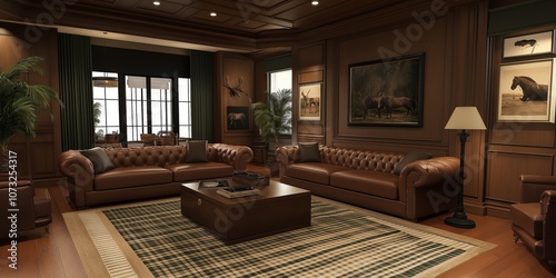 Luxury Living Room: A luxurious, rustic-inspired living room with a leather chesterfield sofa, coffee table, and a patterned rug. The room is decorated with framed artwork, and a floor lamp.