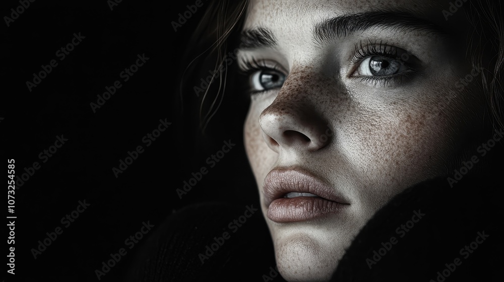 A captivating dark-themed portrait of a young woman with an intense gaze, prominent freckles, and a delicate expression, highlighted by low, dramatic lighting. A captivating dark-themed portrait of a young woman with an intense gaze, prominent freckles, and a delicate expression, highlighted by low, dramatic lighting.