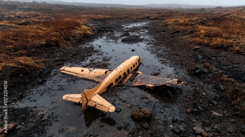 An old, corroded airplane lies abandoned in a desolate, rocky terrain, surrounded by barren soil and sparse vegetation, creating a stark, forgotten scene.