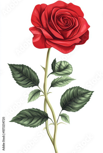 A red rose with green leaves on the stem, on a white background