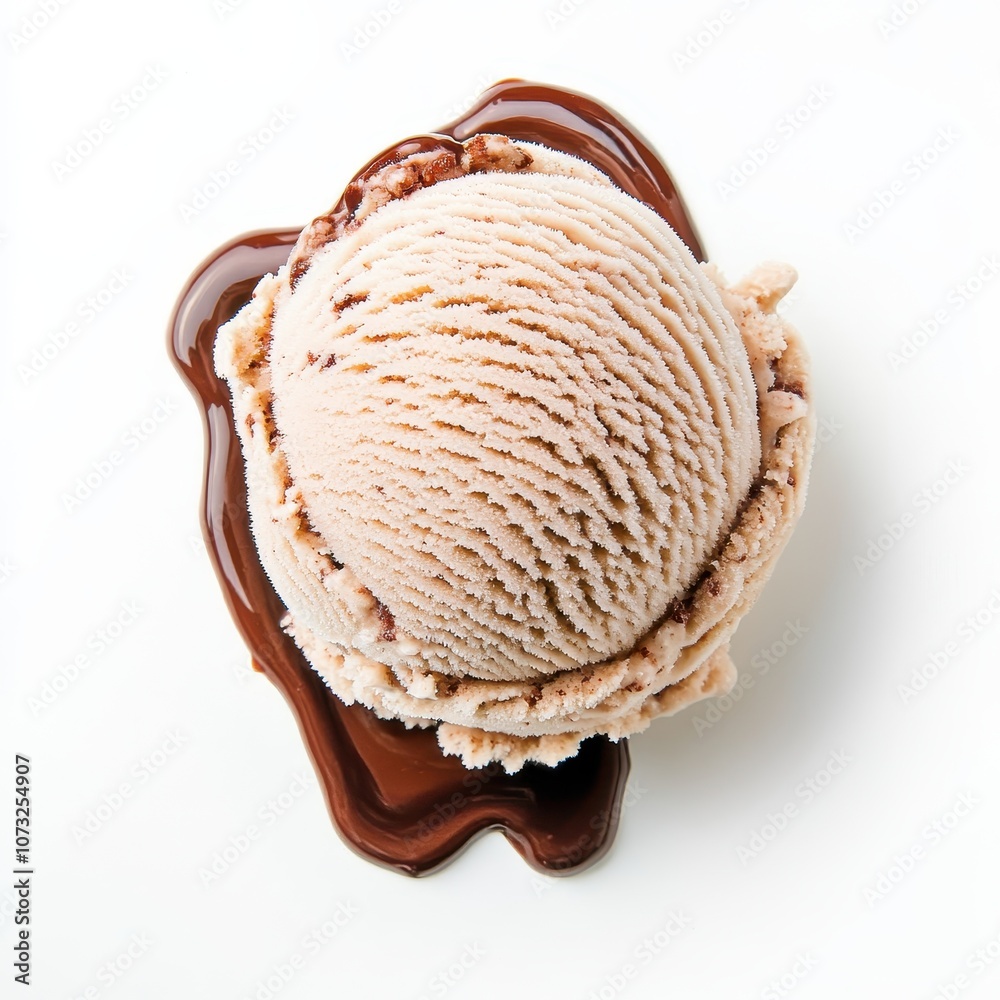 Top view of a single scoop of hazelnut ice cream melting on white background Top view of a single scoop of hazelnut ice cream melting on white background