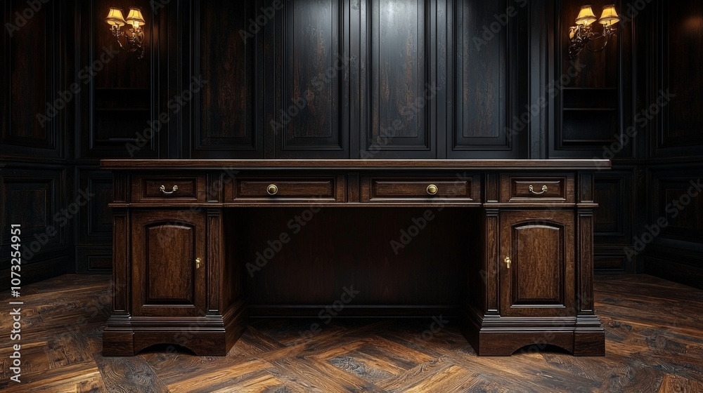 A classic wooden desk in an elegant, dark-paneled room, ideal for business or study. A classic wooden desk in an elegant, dark-paneled room, ideal for business or study.