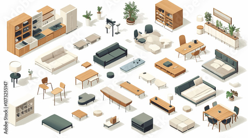 Vector isometric home furniture set. Domestic and office furniture and equipment. Sofas, chairs, armchairs, tables, lamps, cabinets and stools.