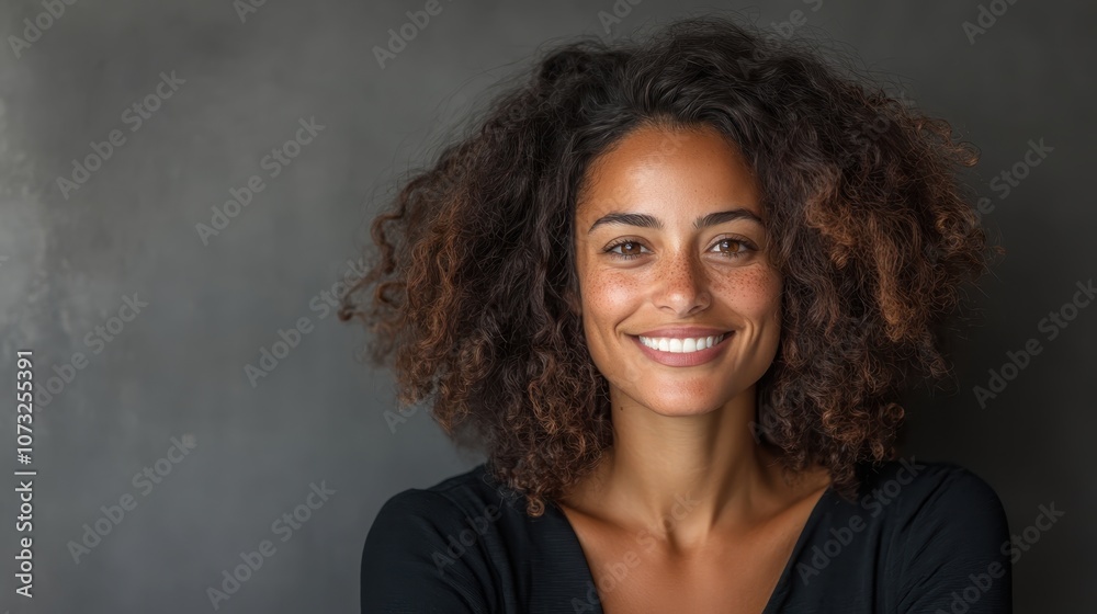 A woman with naturally curly hair offers a warm and inviting smile, exuding confidence and friendliness in this modern portrait against a neutral background.