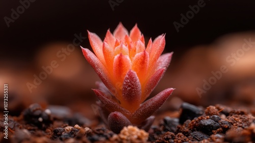 A small succulent plant is emerging from rich, textured soil, capturing the intricate details of its vibrant leaves in a breathtaking macro shot. photo