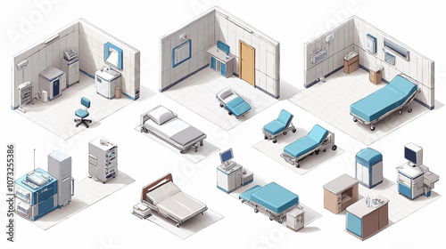 Hospital 3d isometric concept in outline design for web. People in isometric rooms waiting in clinic reception, doctors work at operating, MRI cabinet or laboratory department. Vector illustration.