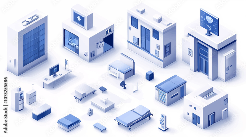 Hospital 3d isometric concept in outline design for web. People in isometric rooms waiting in clinic reception, doctors work at operating, MRI cabinet or laboratory department. Vector illustration. Hospital 3d isometric concept in outline design for web. People in isometric rooms waiting in clinic reception, doctors work at operating, MRI cabinet or laboratory department. Vector illustration.