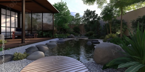 zen japanese garden with koi pond -