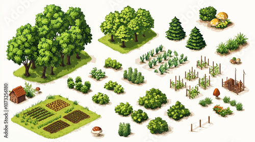 Isometric agricultural farm buildings, windmill barn and silo sheds hay garden beds and tractor. Pulling, pushing agricultural machinery, trailers, ploughing, tilling, disking. Cows on a farm.