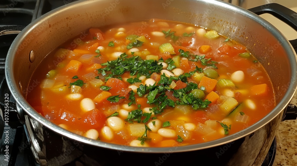 A pot of freshly made minestrone soup with white beans, diced vegetables, and garnished with chopped parsley A pot of freshly made minestrone soup with white beans, diced vegetables, and garnished with chopped parsley