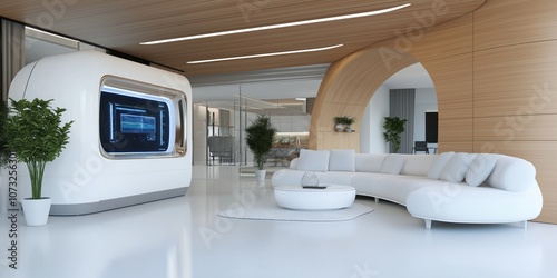 Futuristic scifi research room interior with hologram machine 3d rendering 
