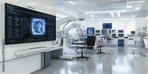Futuristic scifi research room interior with hologram machine 3d rendering 