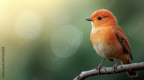 A small, round orange bird with soft feathers rests on a thin branch, showcased against a softly blurred light background, creating a serene and peaceful scene.