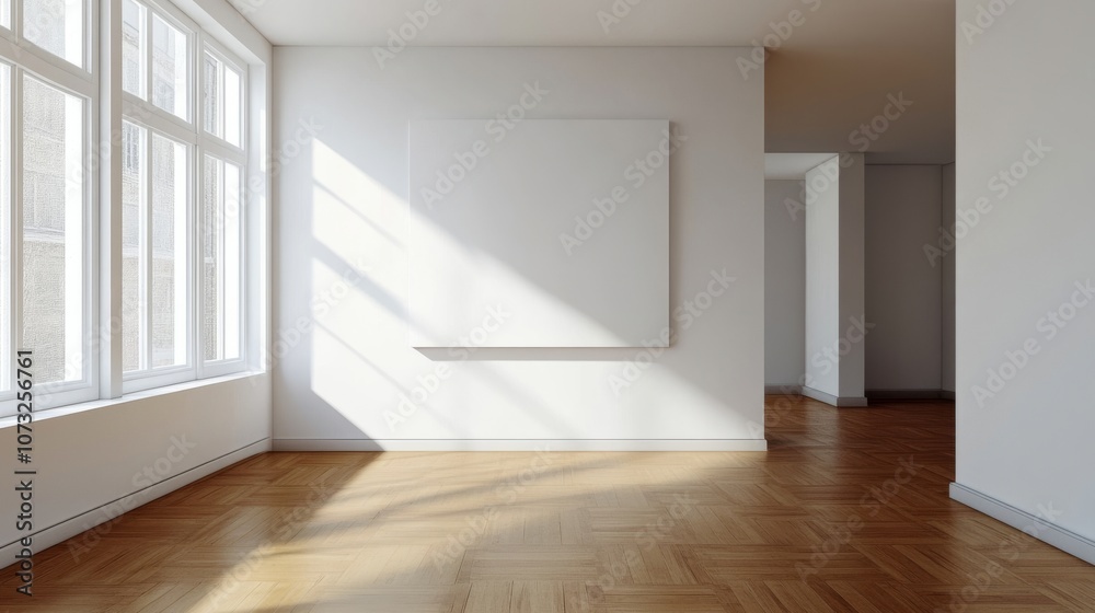Modern minimalistic room with large windows, natural light, wooden floor, and a blank square canvas on a white wall Modern minimalistic room with large windows, natural light, wooden floor, and a blank square canvas on a white wall