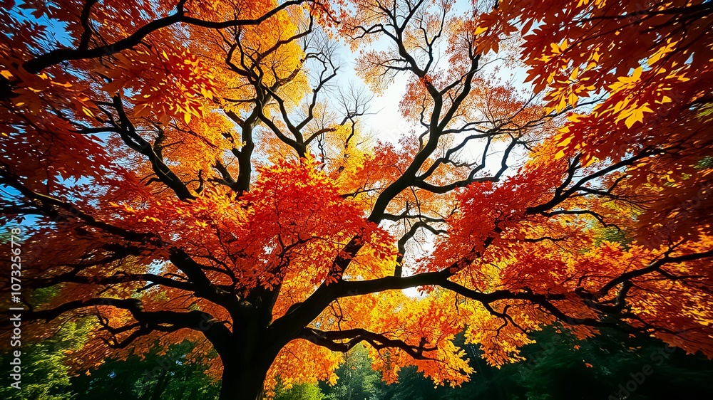 A vibrant autumnal display with a mesmerizing canopy of orange and yellow foliage on a deciduous tree, showcasing the beauty of nature's seasonal transition. A vibrant autumnal display with a mesmerizing canopy of orange and yellow foliage on a deciduous tree, showcasing the beauty of nature's seasonal transition.