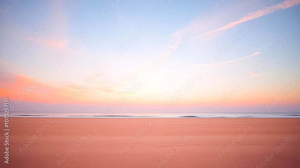 Peaceful Beachscape at Dawn, Featuring a Soft, Pink-Hued Sky and Gentle Waves Rolling Onto the Sandy Shore Peaceful Beachscape at Dawn, Featuring a Soft, Pink-Hued Sky and Gentle Waves Rolling Onto the Sandy Shore