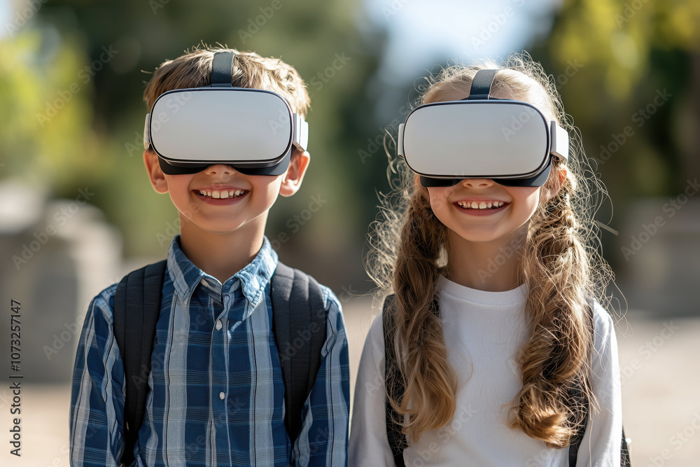 Kids using VR headsets in a modern, stylish room. Kids using VR headsets in a modern, stylish room.