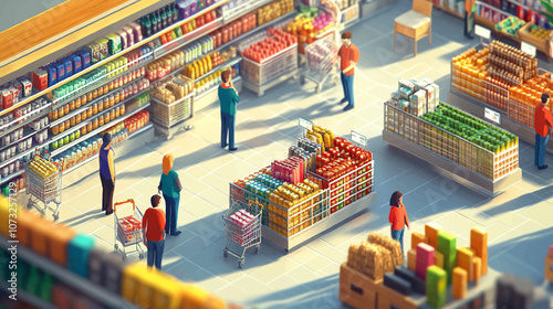 Isometric grocery market interior, supermarket showcase and checkout counter. Grocery store customers trolleys and goods shelves vector illustration. Supermarket interior shop isometric.