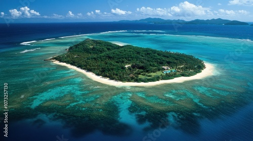 Wallpaper Mural Aerial view of a tropical island with sandy beaches, turquoise water, and surrounding coral reefs Torontodigital.ca