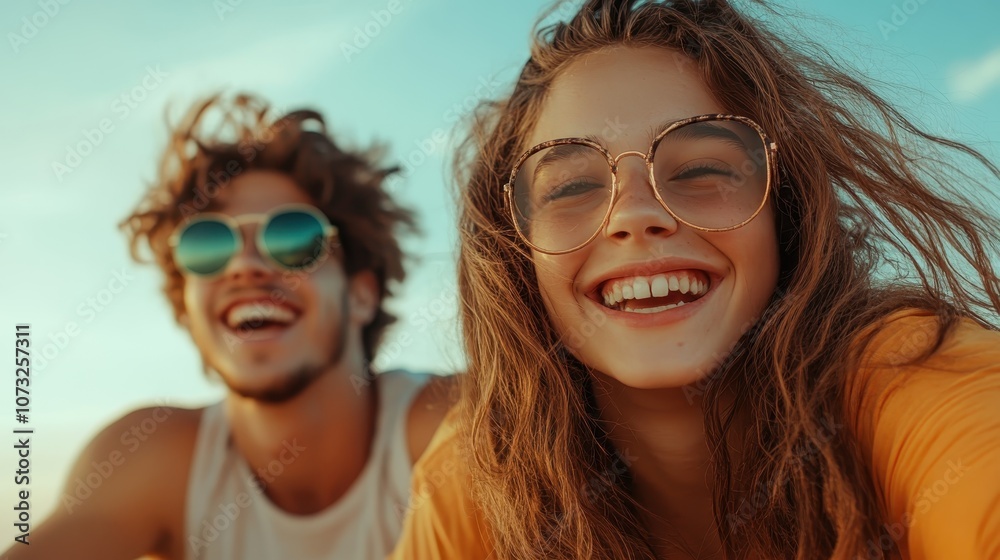 A smiling young couple captures a joyous moment together, basking in the warm glow of a sunny day. Their laughter reflects happiness and carefree youthfulness. A smiling young couple captures a joyous moment together, basking in the warm glow of a sunny day. Their laughter reflects happiness and carefree youthfulness.
