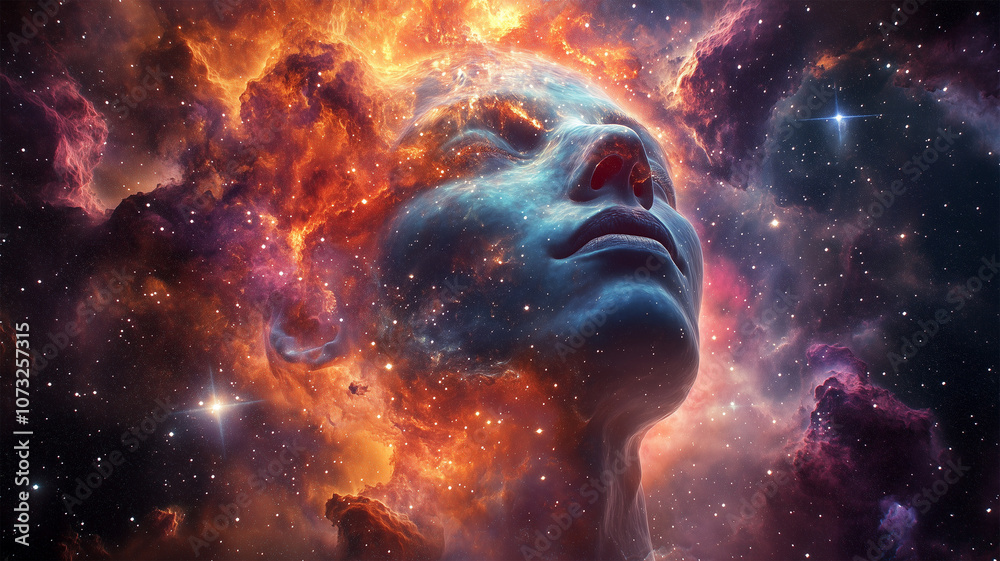 宇宙と融合する人の顔の幻想的なイメージ 宇宙と融合する人の顔の幻想的なイメージ