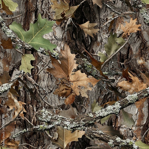 Oak Tree Bark Oak Leaves Hunting Camo Pattern, Seamless Camouflage Foliage Texture