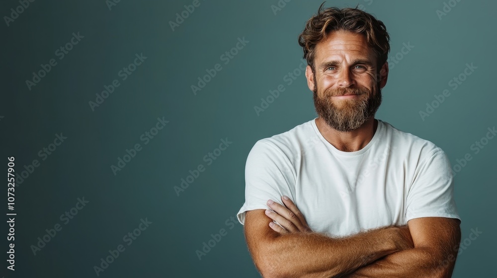 A cheerful man with a beard, wearing a casual white t-shirt, standing confidently with arms crossed against a plain background, exuding a sense of positivity. A cheerful man with a beard, wearing a casual white t-shirt, standing confidently with arms crossed against a plain background, exuding a sense of positivity.