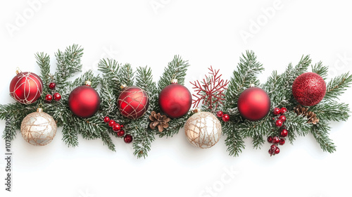 Christmas tree border with green fir branches, red bow, balls, gold lights isolated on white background. Pine, xmas evergreen plants frame and seamless banner. Watercolor vector string garland decor.