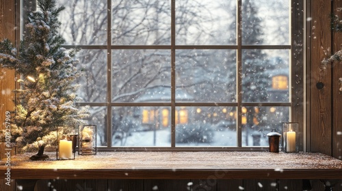 Snowy Windowsill with Candl...